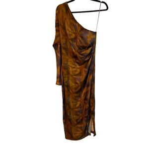 NWT Zara Brown Printed One Shoulder Asymmetric Midi Dress Size Medium